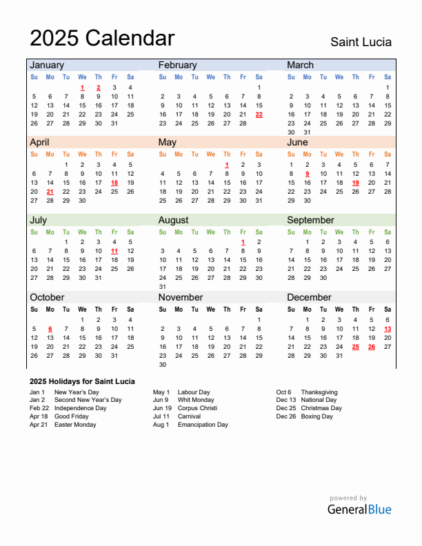 Calendar 2025 with Saint Lucia Holidays