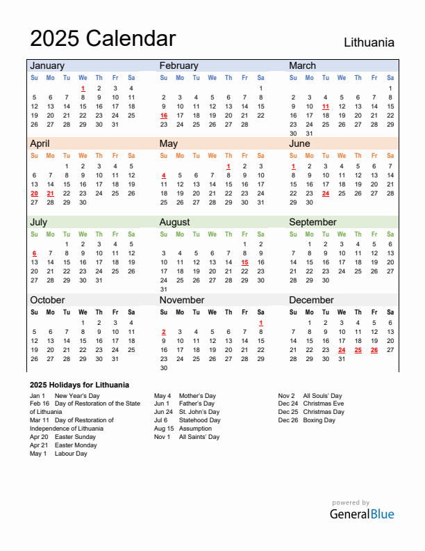 Calendar 2025 with Lithuania Holidays