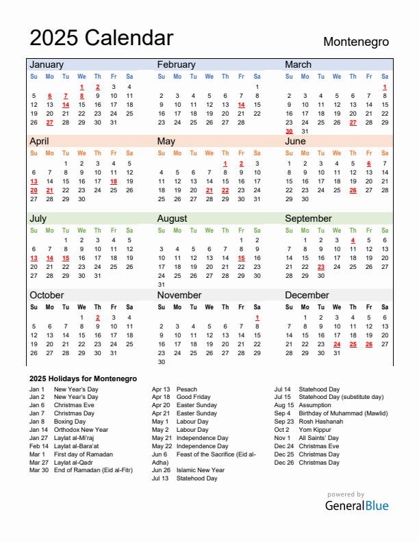 Calendar 2025 with Montenegro Holidays