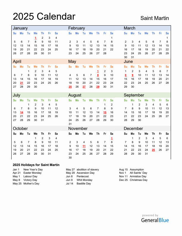 Calendar 2025 with Saint Martin Holidays