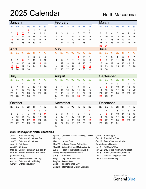 Calendar 2025 with North Macedonia Holidays