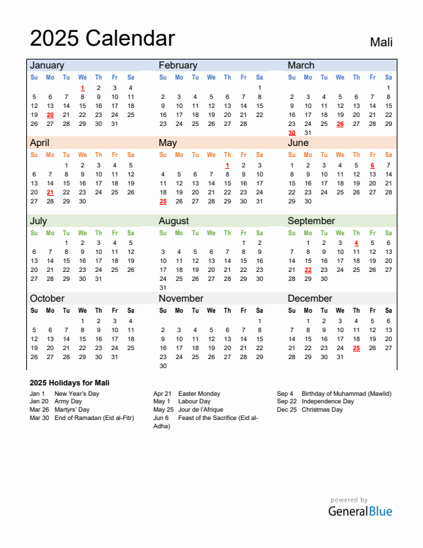 Calendar 2025 with Mali Holidays