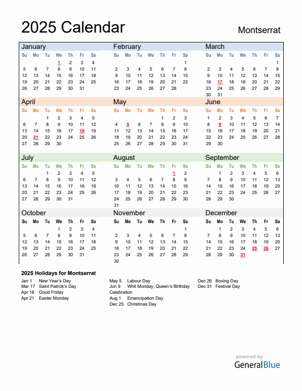 Calendar 2025 with Montserrat Holidays