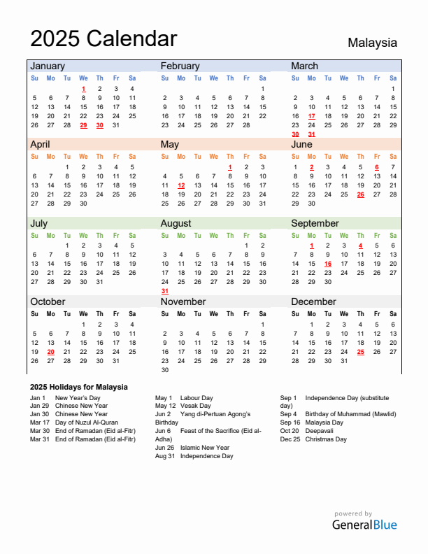Calendar 2025 with Malaysia Holidays