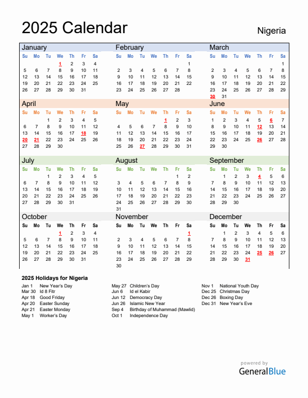 Calendar 2025 with Nigeria Holidays