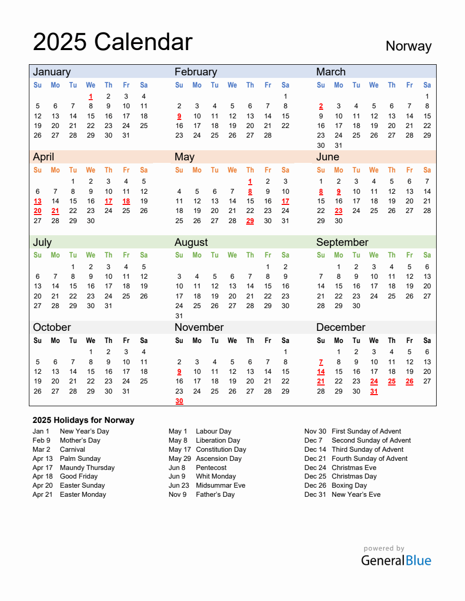 Annual Calendar 2025 with Norway Holidays