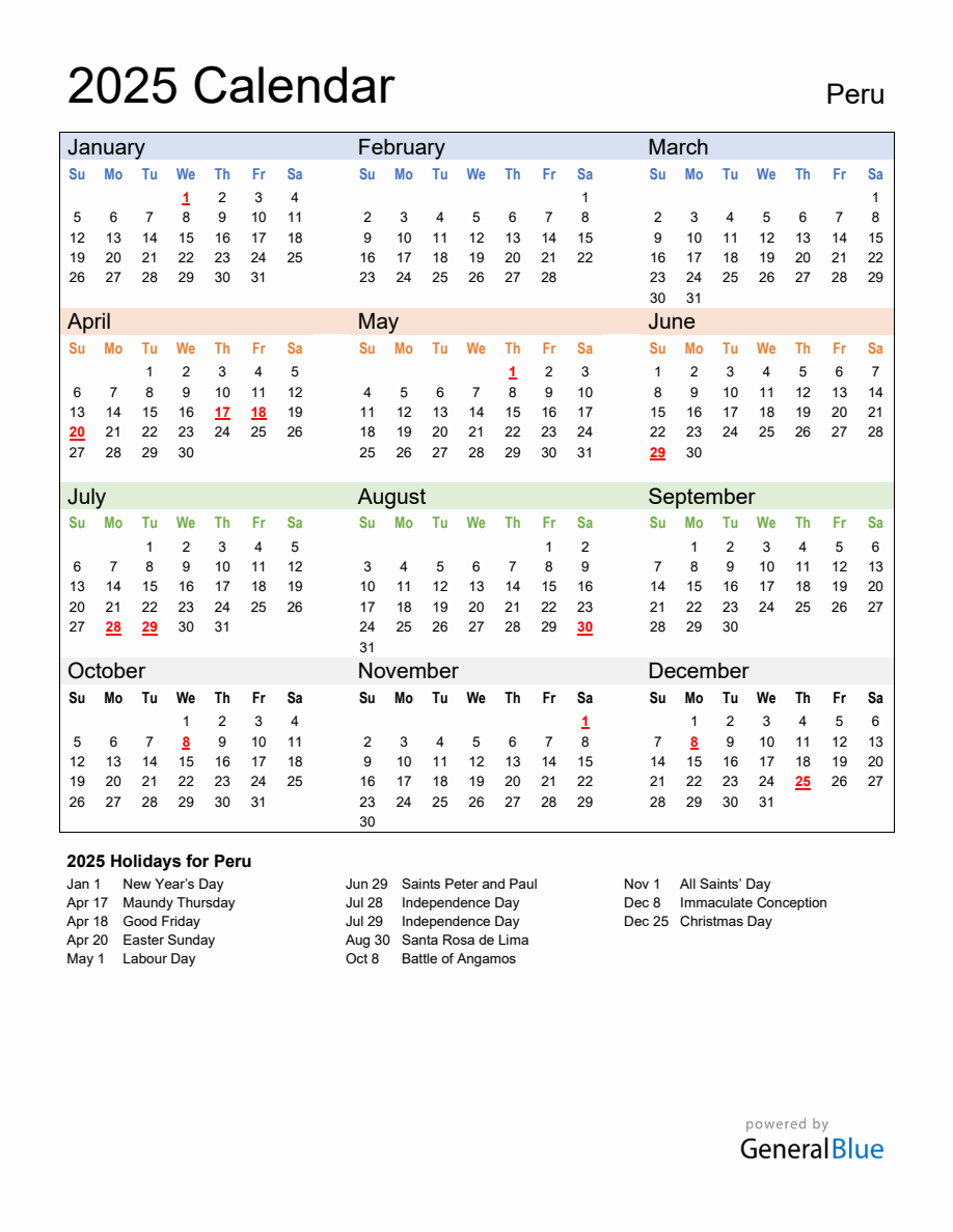 Annual Calendar 2025 with Peru Holidays