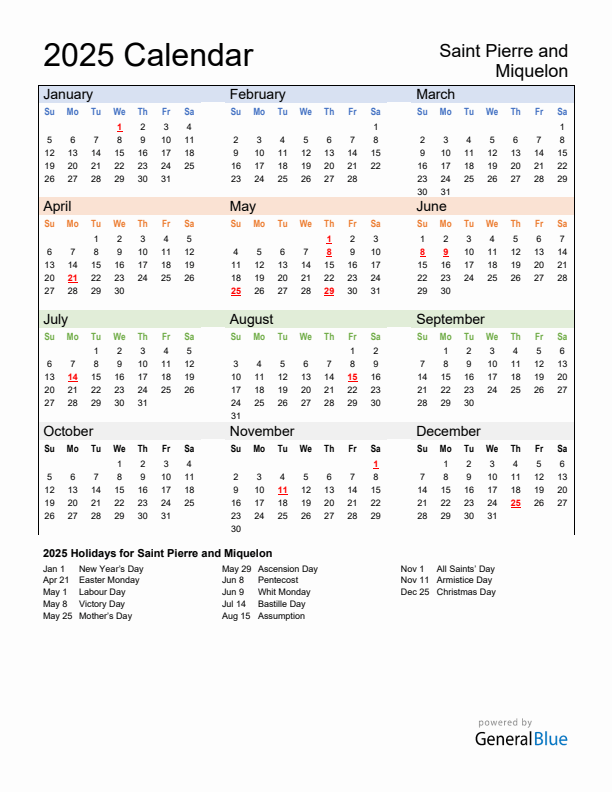 Calendar 2025 with Saint Pierre and Miquelon Holidays