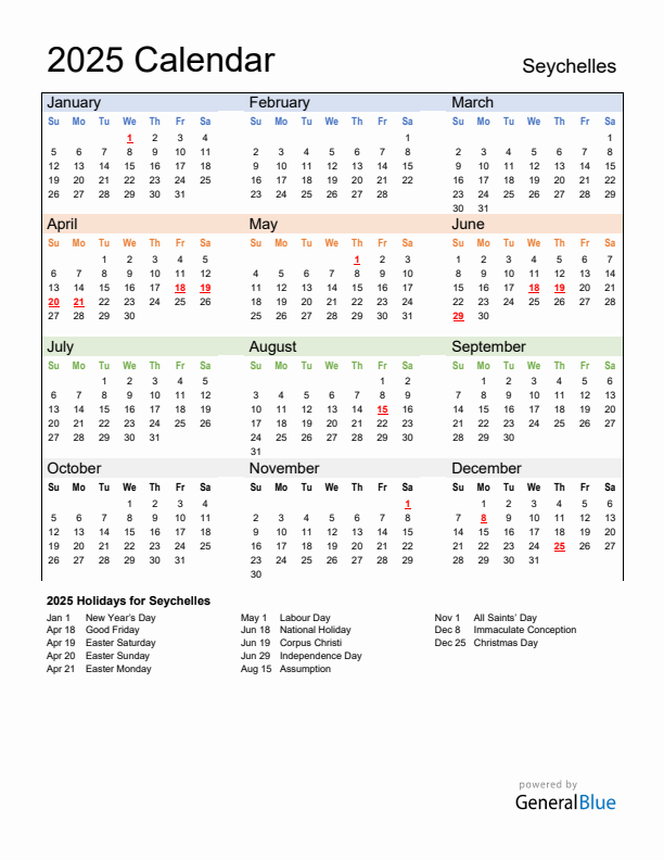 Calendar 2025 with Seychelles Holidays