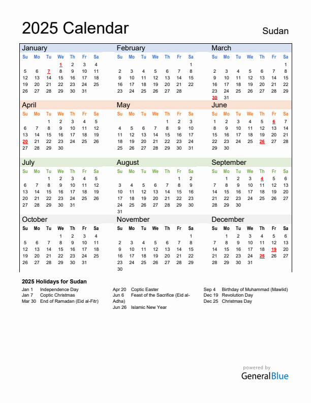 Calendar 2025 with Sudan Holidays