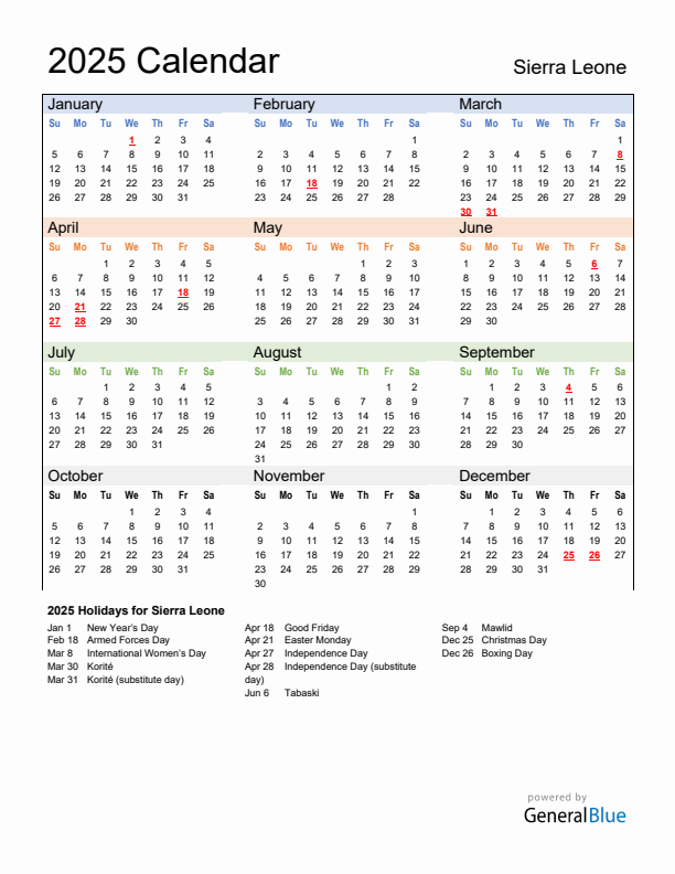 Calendar 2025 with Sierra Leone Holidays