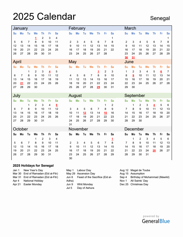 Calendar 2025 with Senegal Holidays