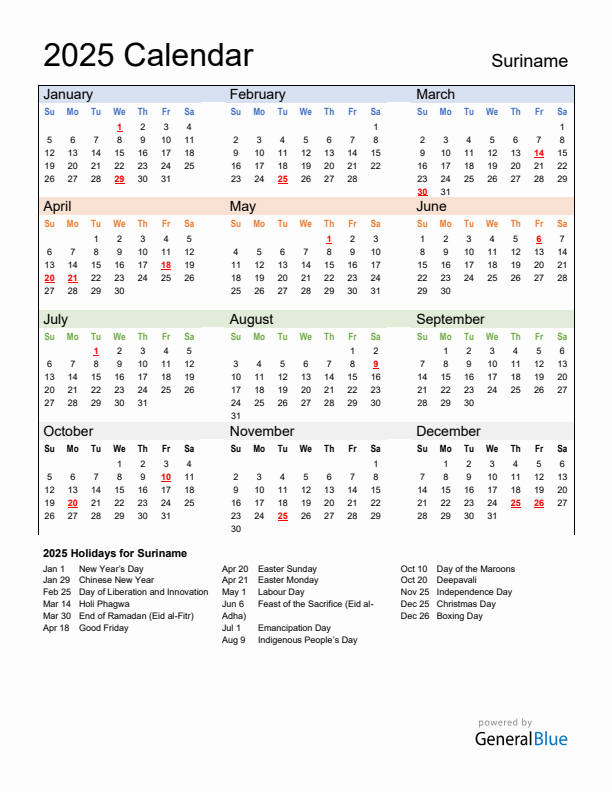 Calendar 2025 with Suriname Holidays
