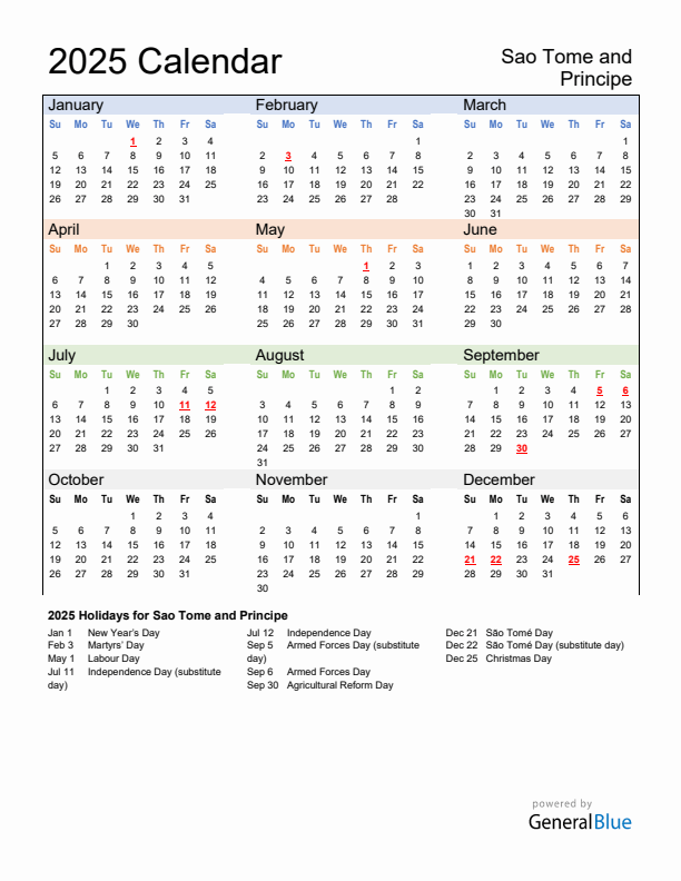 Calendar 2025 with Sao Tome and Principe Holidays
