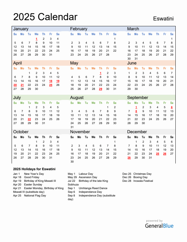 Calendar 2025 with Eswatini Holidays