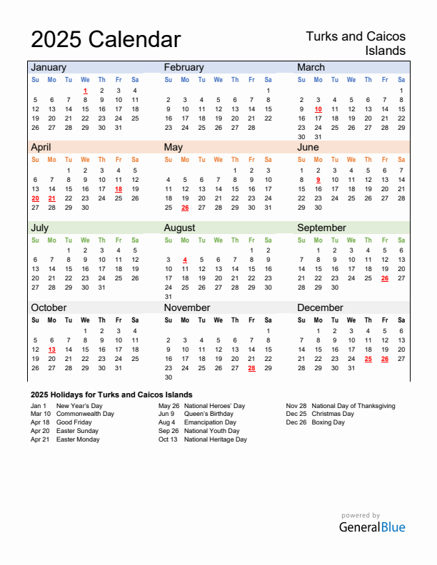 Calendar 2025 with Turks and Caicos Islands Holidays