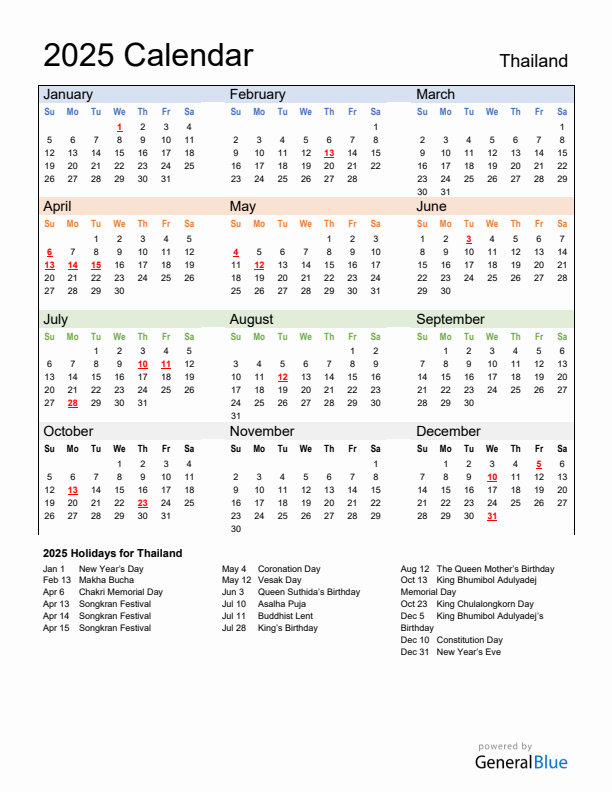 Calendar 2025 with Thailand Holidays