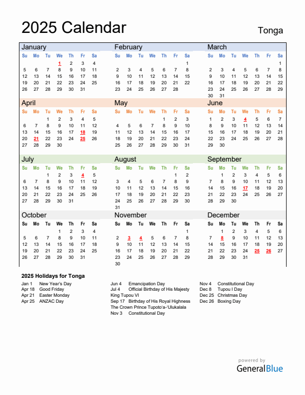 Calendar 2025 with Tonga Holidays