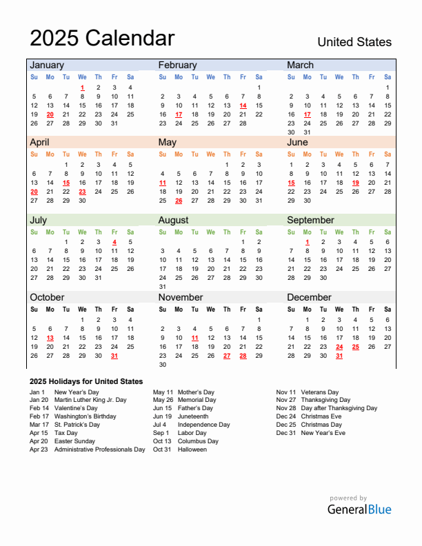 United States 2025 Calendar With Holidays United States 2025 Calendar With Holidays