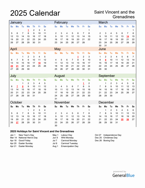 Calendar 2025 with Saint Vincent and the Grenadines Holidays