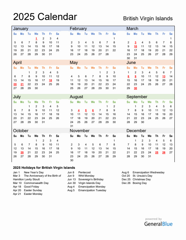 Calendar 2025 with British Virgin Islands Holidays
