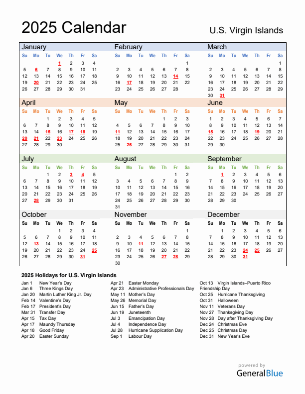 Calendar 2025 with U.S. Virgin Islands Holidays