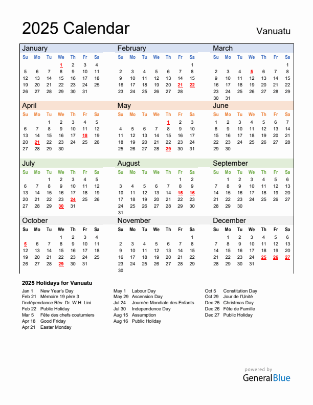 Calendar 2025 with Vanuatu Holidays