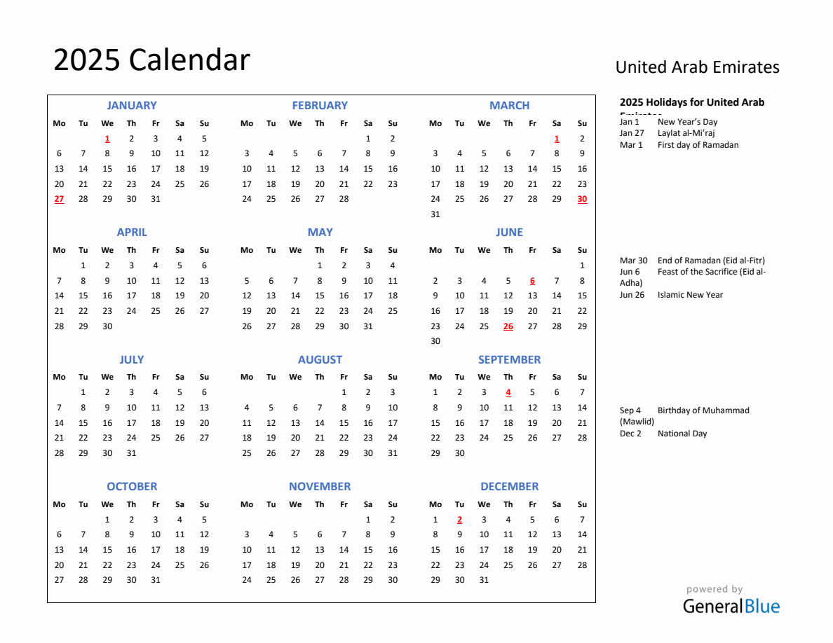 2025 Calendar with Holidays for United Arab Emirates - Monday Start