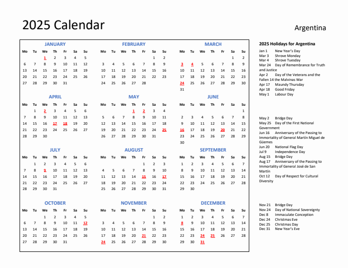 2025 Calendar with Holidays for Argentina