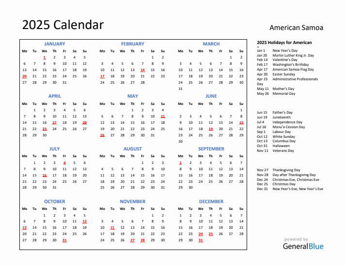 2025 Calendar with Holidays for American Samoa
