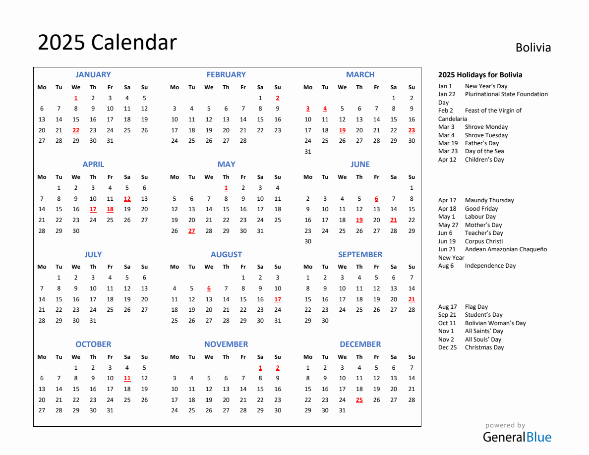 2025 Calendar with Holidays for Bolivia - Monday Start