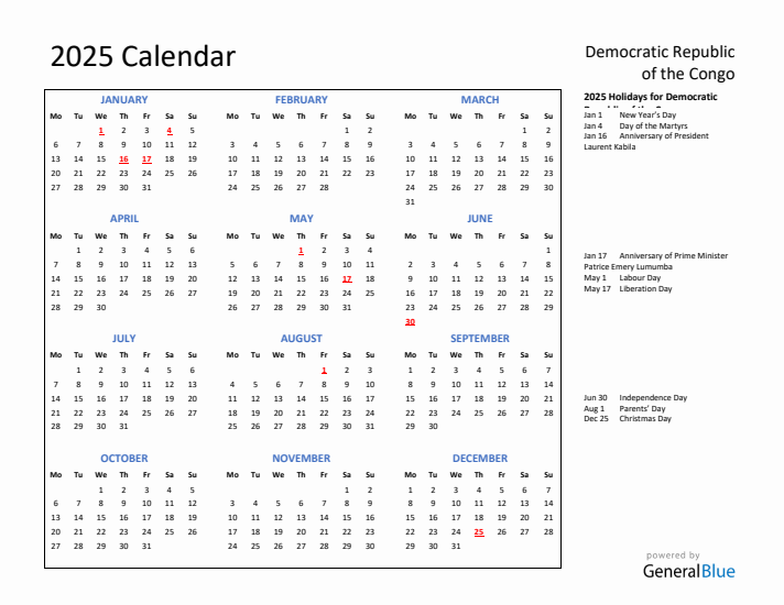 2025 Calendar with Holidays for Democratic Republic of the Congo