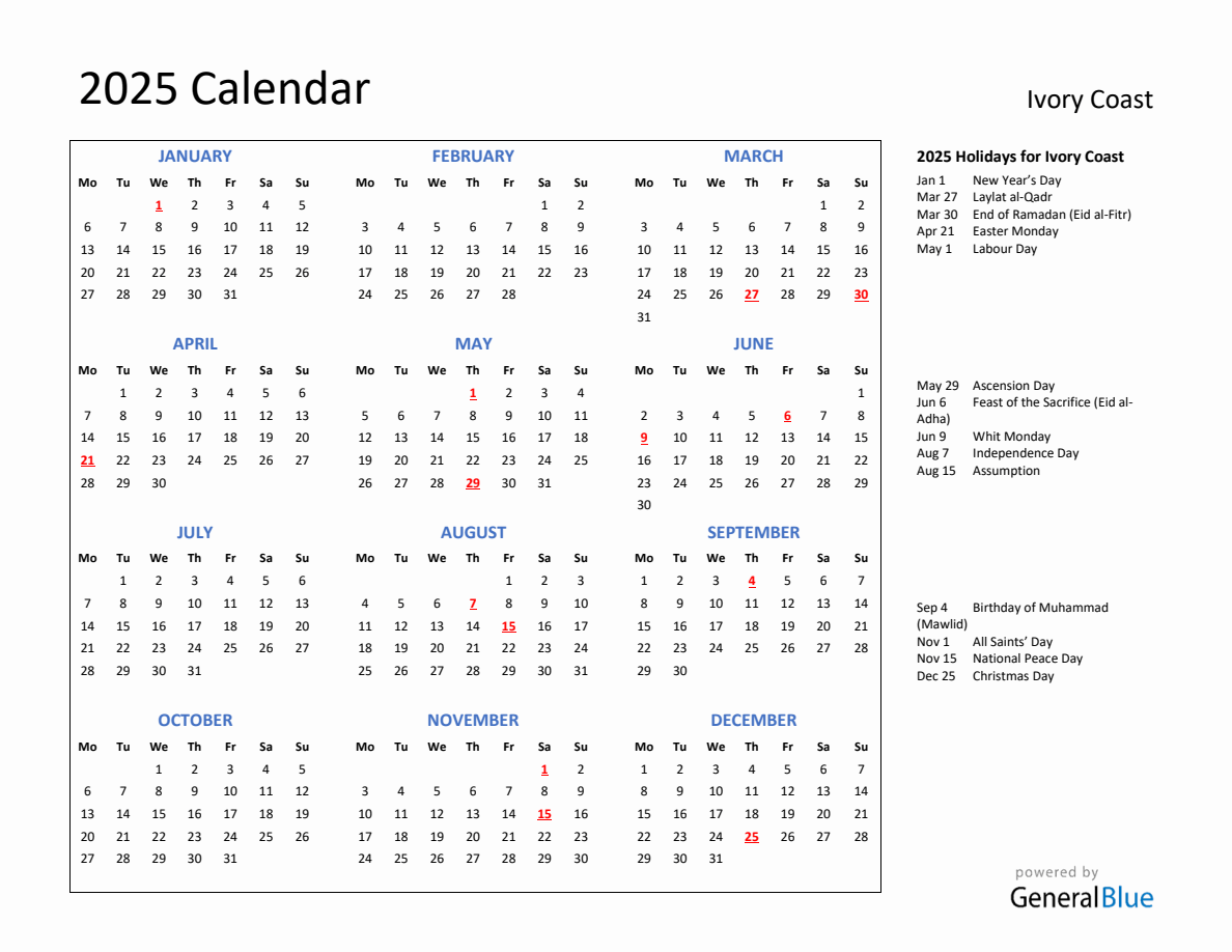 2025 Calendar with Holidays for Ivory Coast - Monday Start