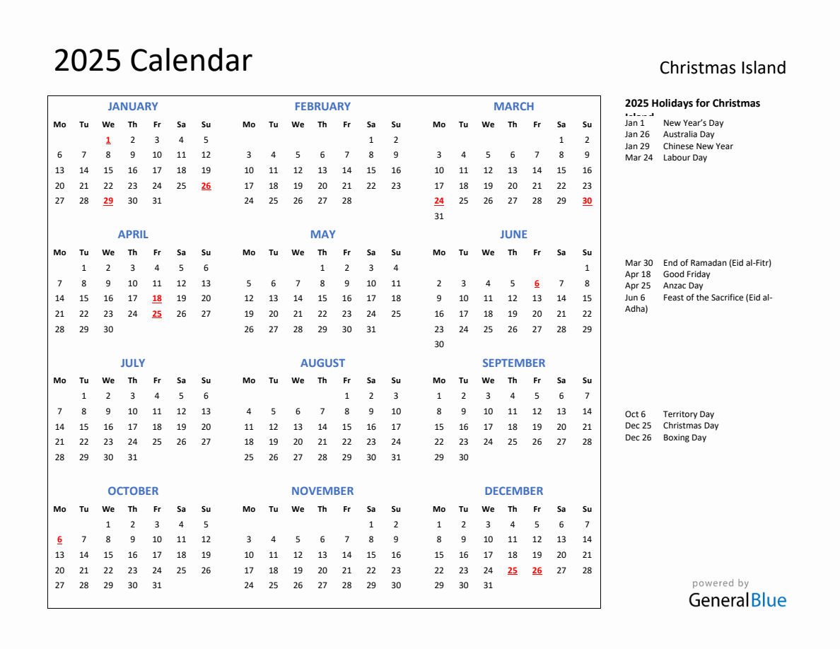 2025 Calendar with Holidays for Christmas Island - Monday Start