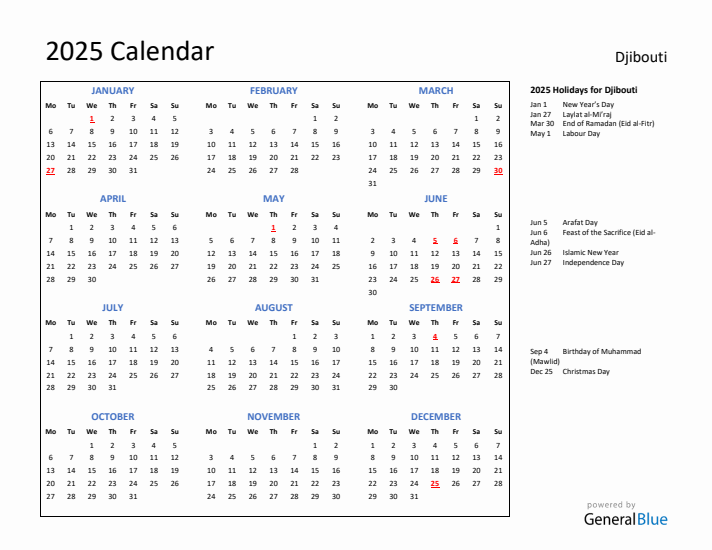 2025 Calendar with Holidays for Djibouti