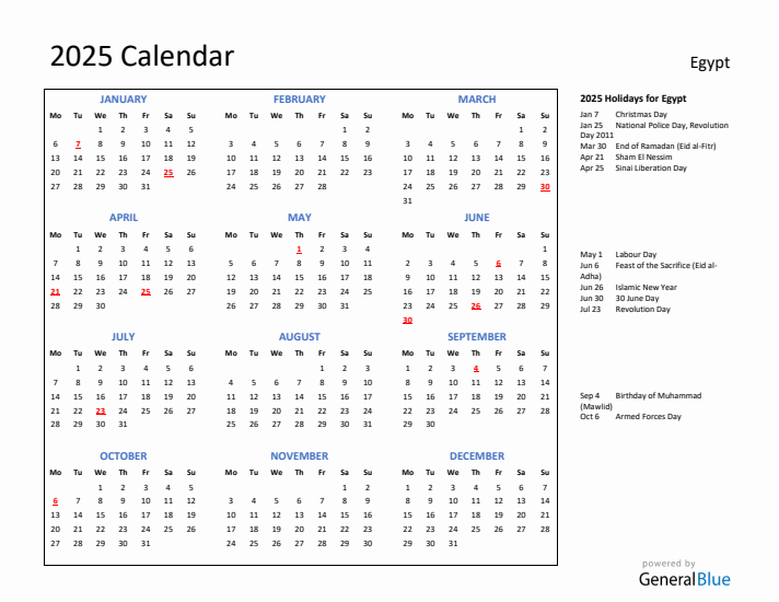 2025 Calendar with Holidays for Egypt