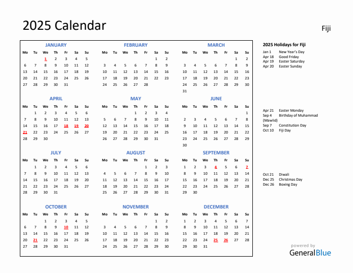 2025 Calendar with Holidays for Fiji