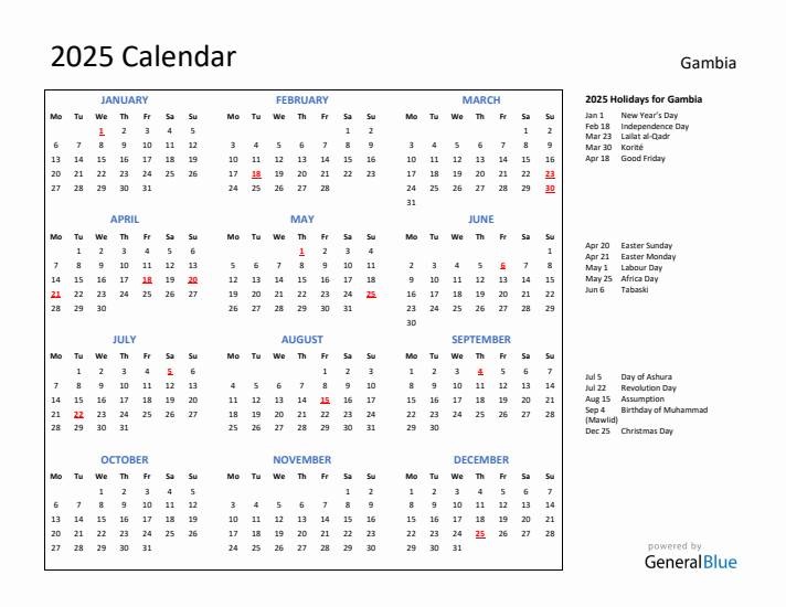 2025 Calendar with Holidays for Gambia