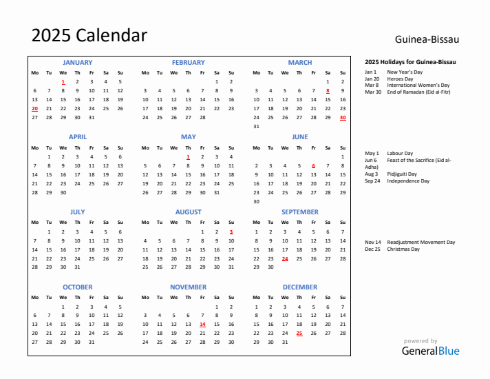 2025 Calendar with Holidays for Guinea-Bissau