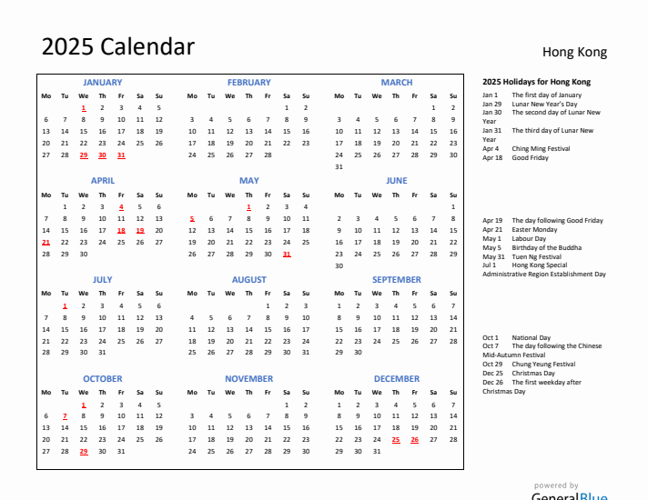 2025 Calendar with Holidays for Hong Kong