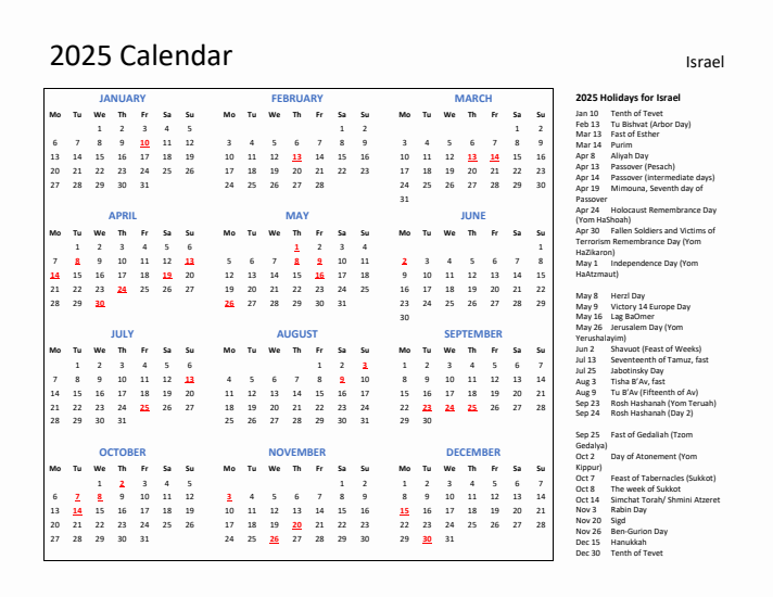 2025 Calendar with Holidays for Israel