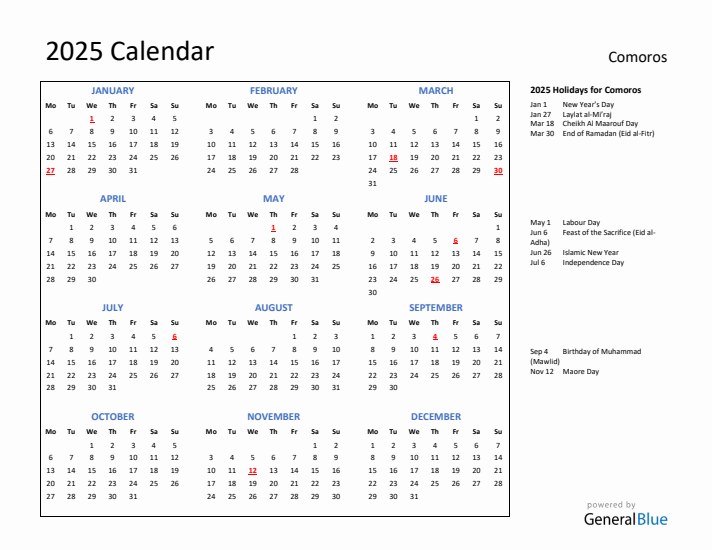 2025 Calendar with Holidays for Comoros
