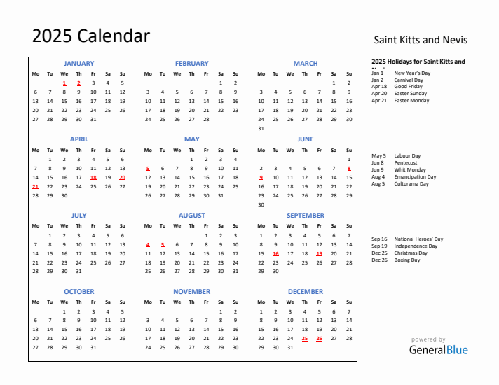 2025 Calendar with Holidays for Saint Kitts and Nevis