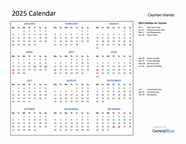 2025 Calendar with Holidays for Cayman Islands