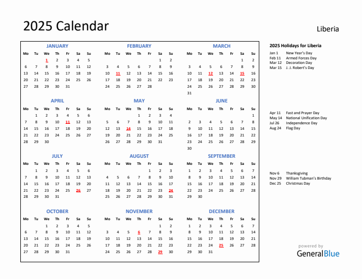 2025 Calendar with Holidays for Liberia