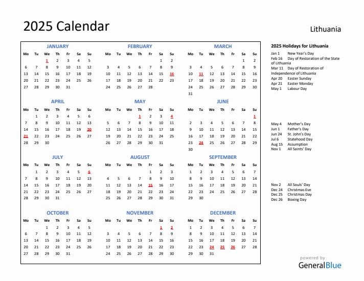 2025 Calendar with Holidays for Lithuania