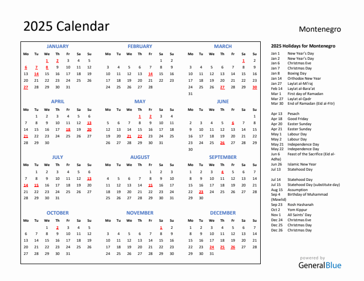 2025 Calendar with Holidays for Montenegro