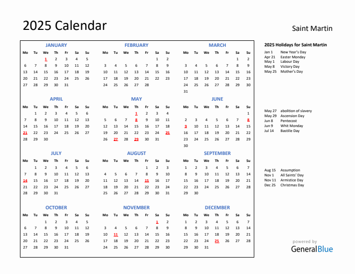 2025 Calendar with Holidays for Saint Martin