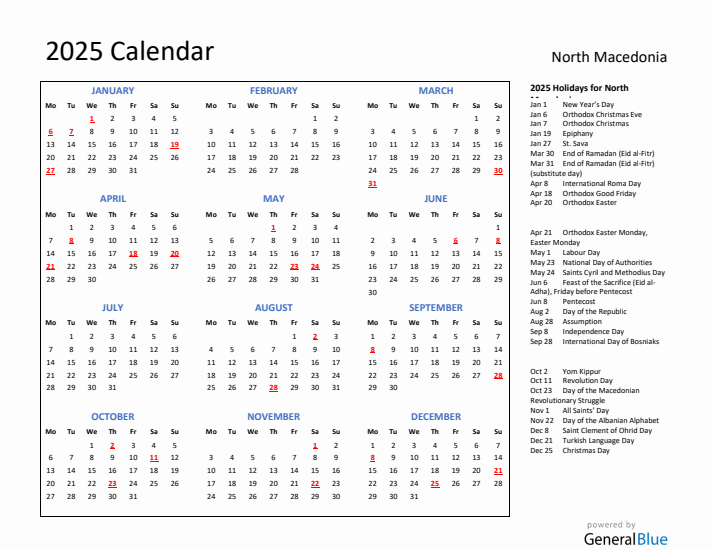 2025 Calendar with Holidays for North Macedonia