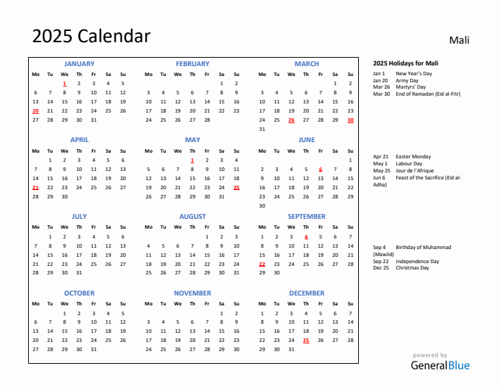 2025 Calendar with Holidays for Mali